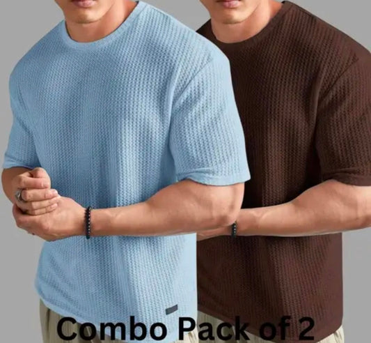 Elvesta Men's Oversized Waffle Knit T-shirt Combo Pack of 2 | Popcorn Texture