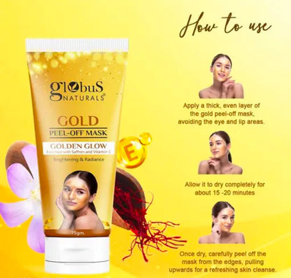 Globus Naturals Gold Peel Off Mask For Golden Glow, Enriched with Saffron & Vitamin-E, Brightening & Radiance, Suitable For All Skin Types, 75 g