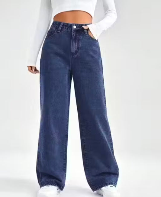 Cotton Dark Blue Wideleg Women Straight Jeans