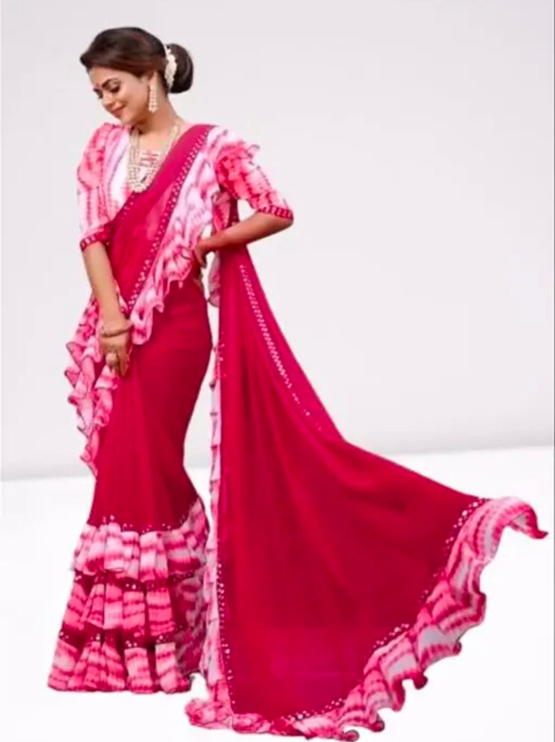Women's Georgette Saree With Blouse Piece, Ruffle Frill Saree