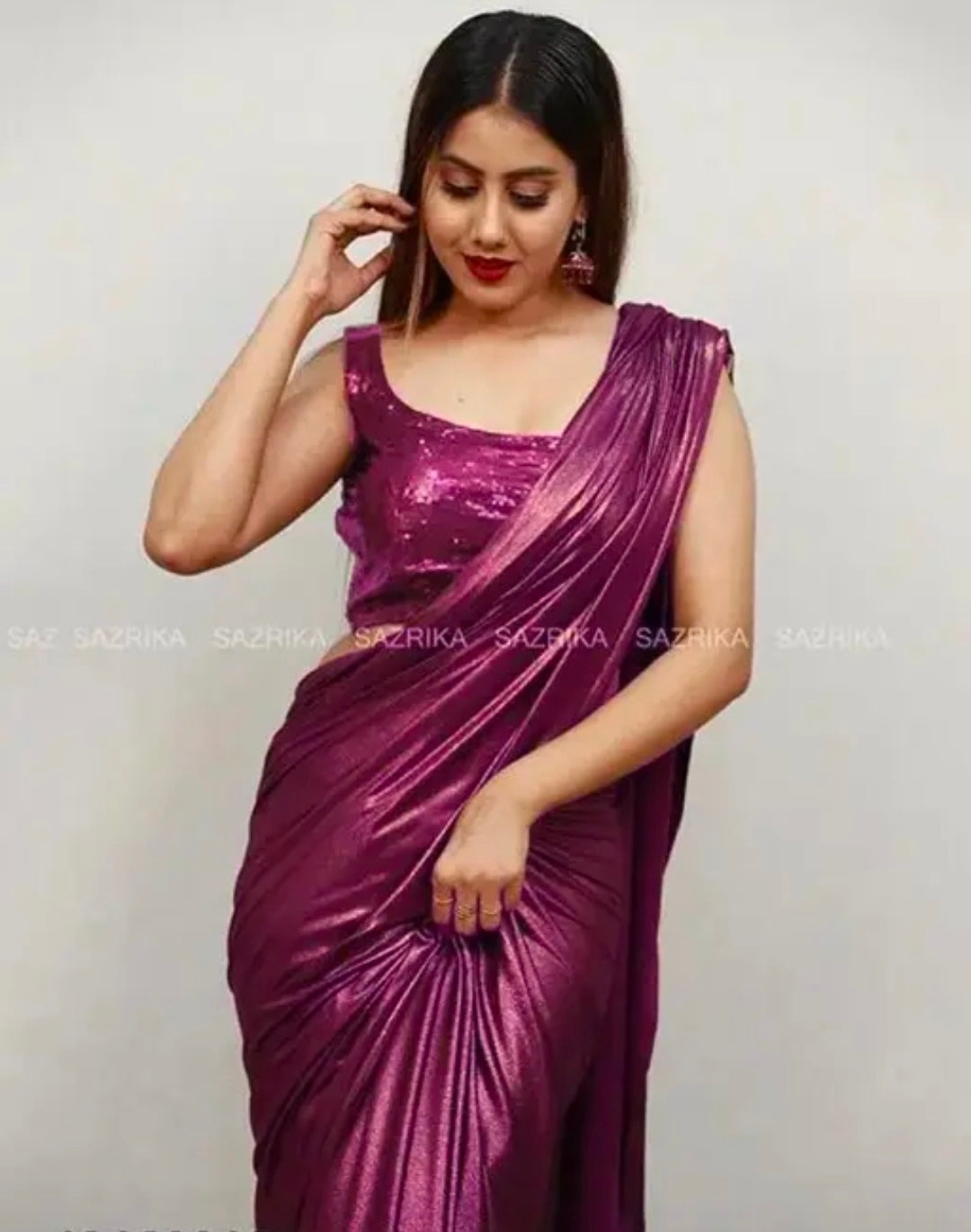 The Fashionology, Women's Plain Lycra Silk Saree With Unstitched Blouse Piece | Bollywood Style, Party/Casual Wear Saree | Length 5.5 Meter | Get a Free Golden Belt | With a Free Scrunchies