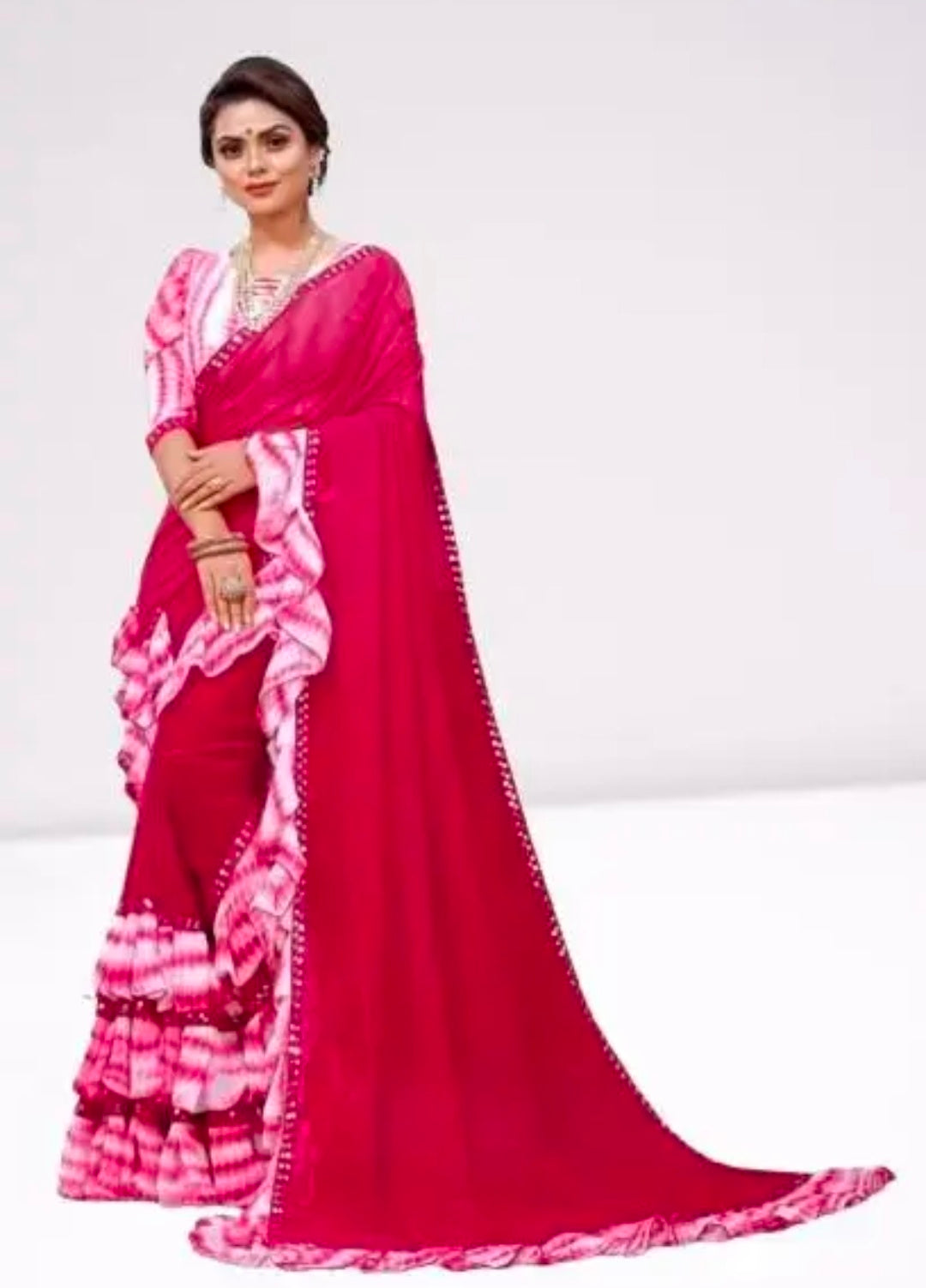 Women's Georgette Saree With Blouse Piece, Ruffle Frill Saree