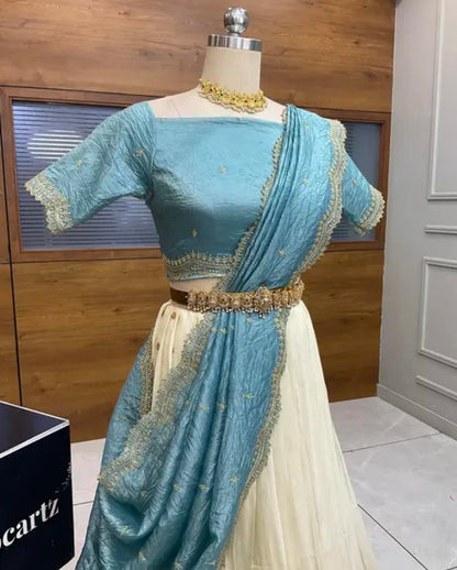 Net Embroidered Semi-Stitched Lehenga with Unstitched Blouse