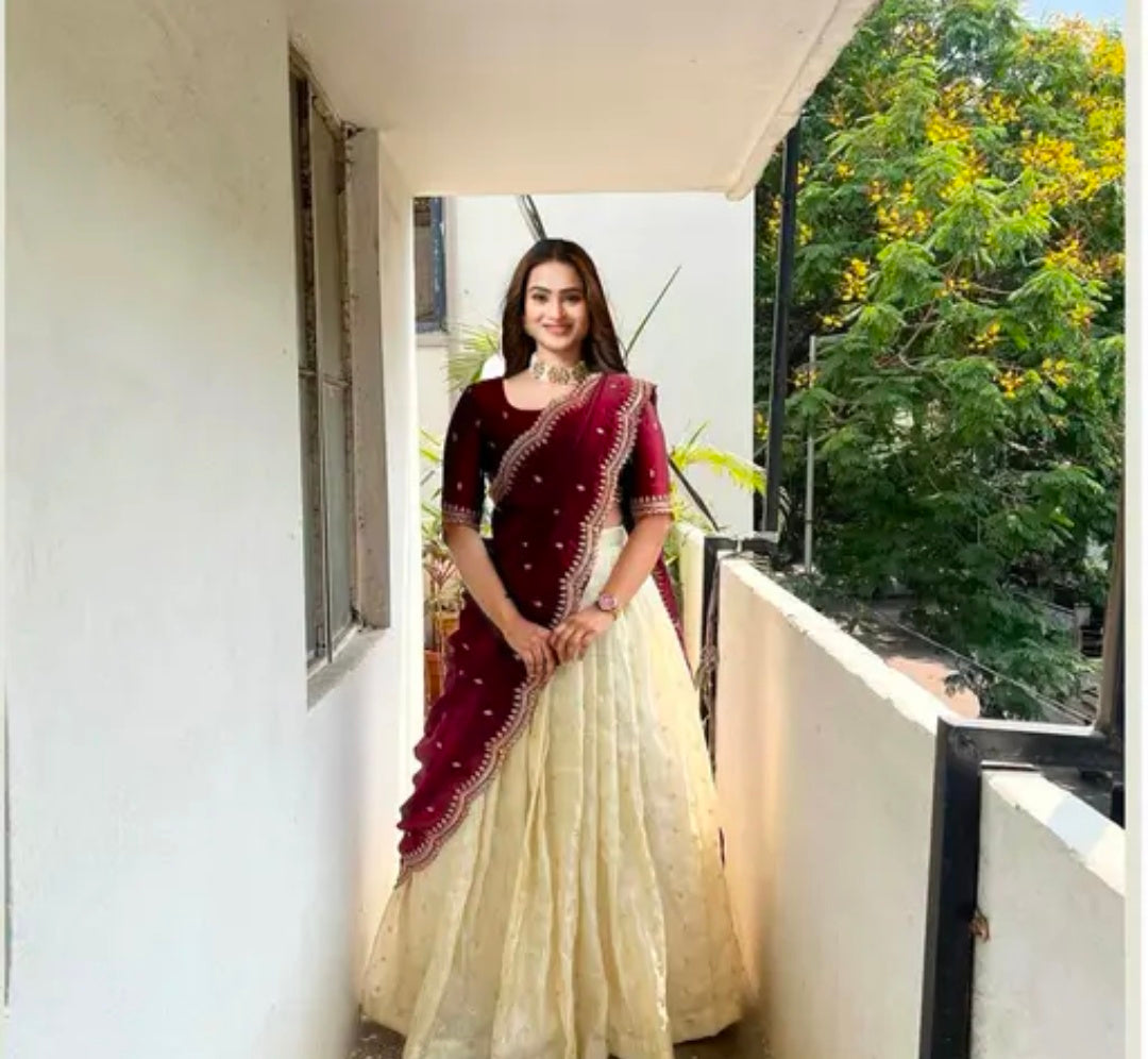 Net Embroidered Semi-Stitched Lehenga with Unstitched Blouse