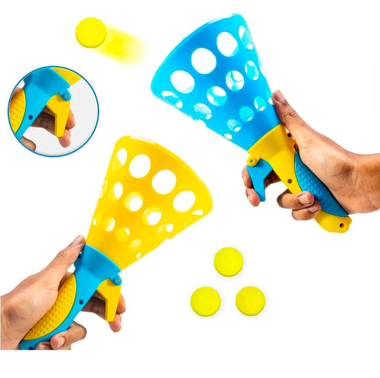 Click and Catch Twin Ball Launcher Game with 3 Balls Indoor Outdoor Toy Set, Pop & Catch Ball Play Fun Boys & Girls