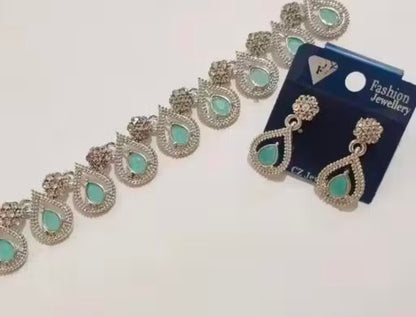 Willanzy Rhodium Patted Necklace Jewellery Set In Pista Green Colour