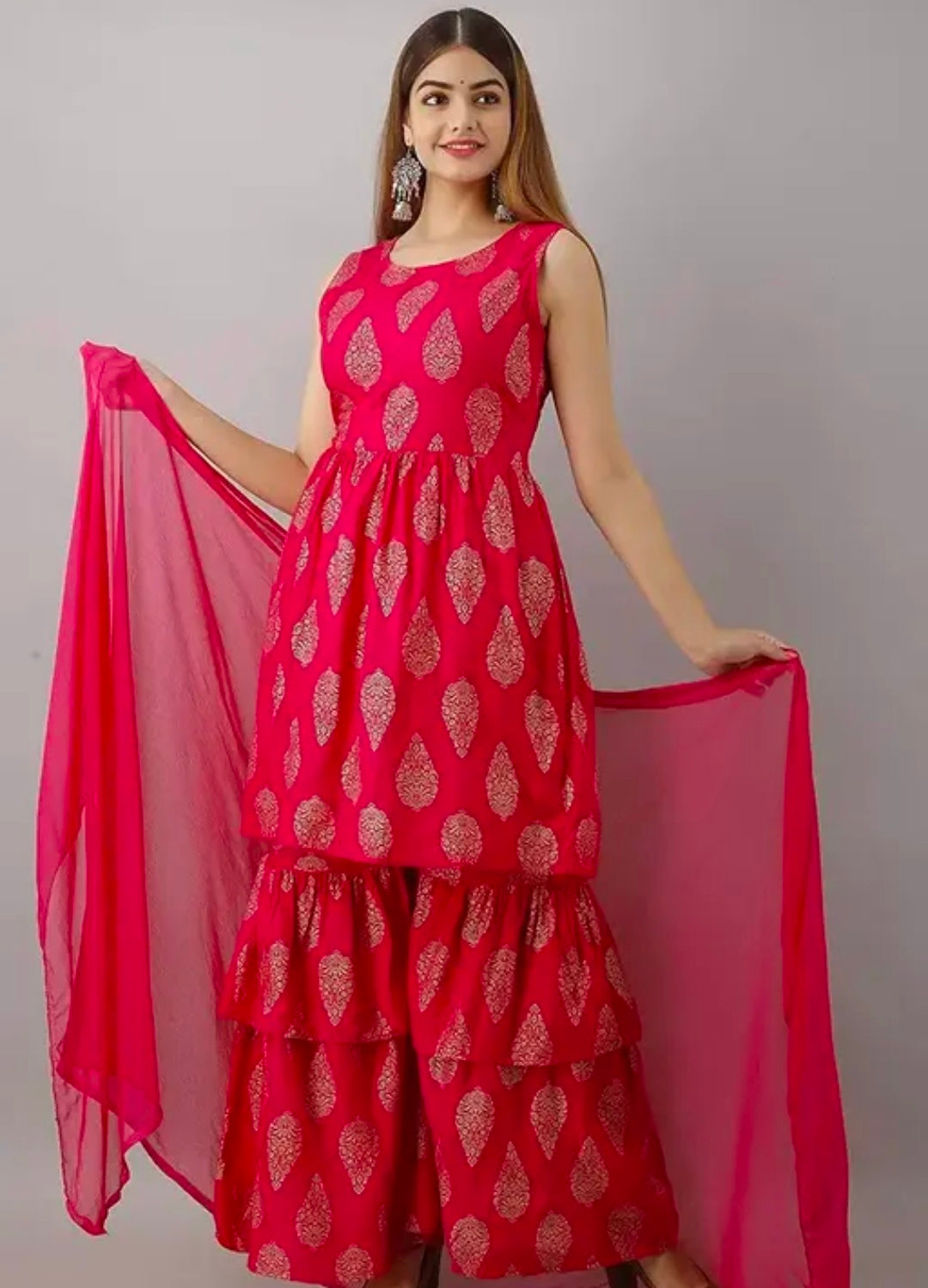 Women's Beautiful Traditional Rayon Printed Kurta Sharara And Net Dupatta Set