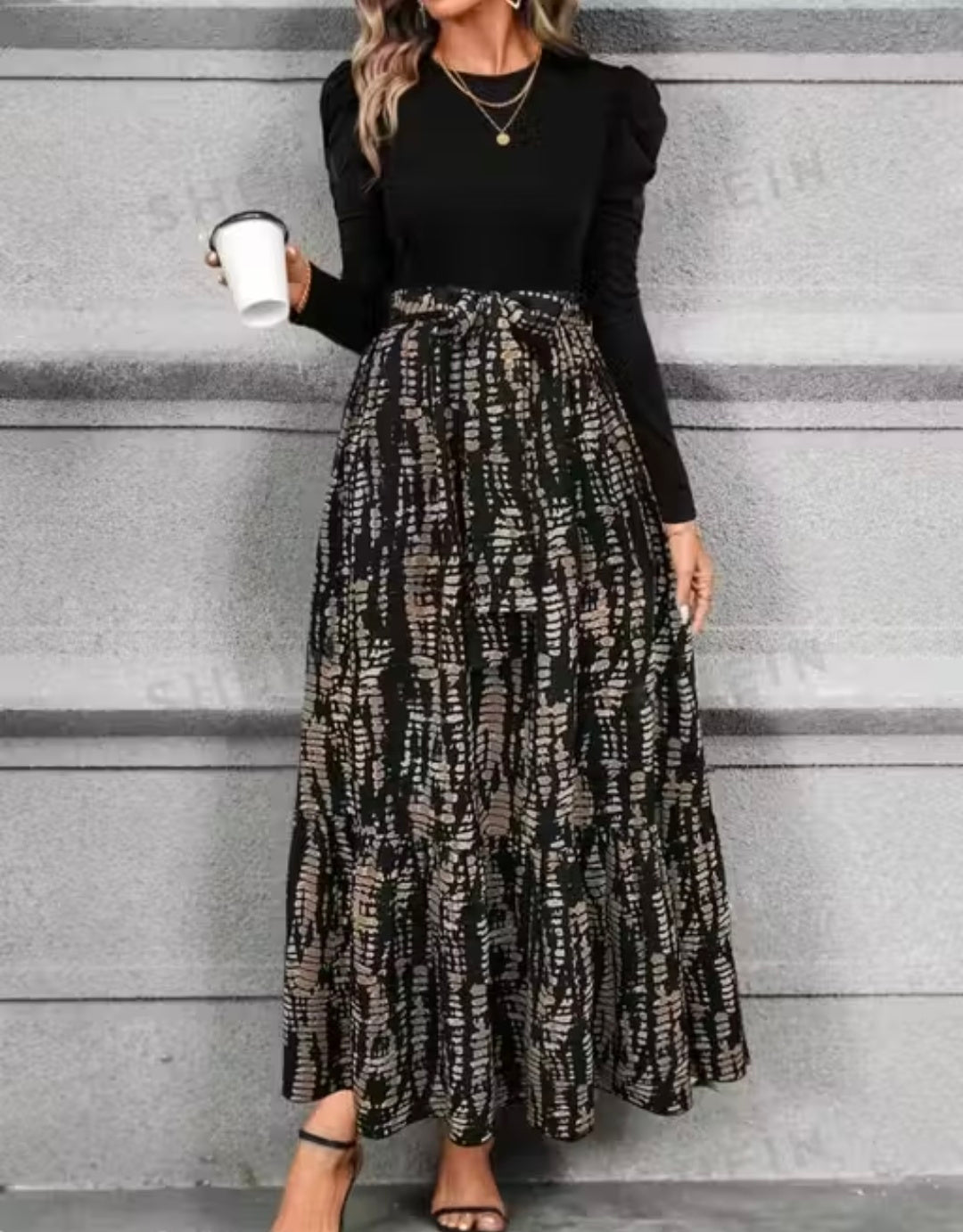 Hook i Clasi women's Autumn Dress With Bow Tie Belt,Leaf & Floral Patchwork A- Line Skirt Maxi Women Outfit