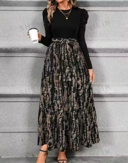 Hook i Clasi women's Autumn Dress With Bow Tie Belt,Leaf & Floral Patchwork A- Line Skirt Maxi Women Outfit