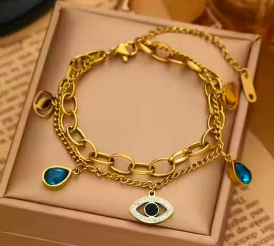 KARISHMA KREATIONS Anti Tarnish Double Layer Evil Eye Gold Plated Stainless Steel Bracelet for Women