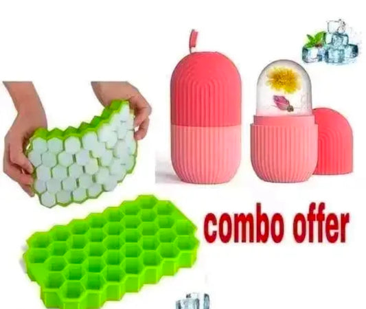Combo Offer...Offer..] (Pack of 2) Ice Roller & Ice Cube Trey, Facial Ice Roller For Massage Face , Ice Cube Trey Silicon Material And count of 37 Slote