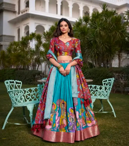 Mustard Color Kalamkari Printed With Zari Weaving Border Dola Silk Lehenga Choli