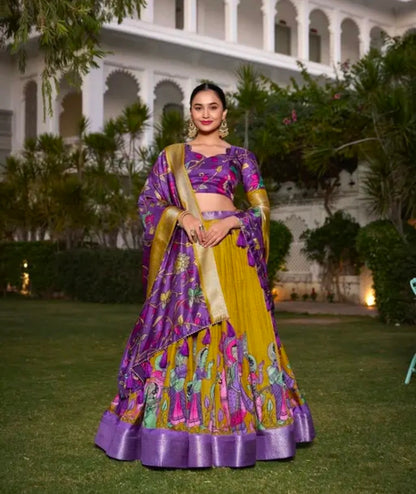 Mustard Color Kalamkari Printed With Zari Weaving Border Dola Silk Lehenga Choli